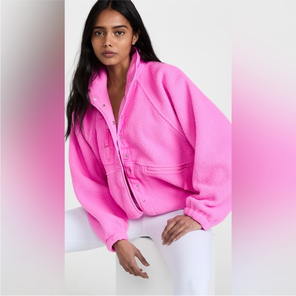 Hot pink free people movement”hit the slopes” crop fleece jacket